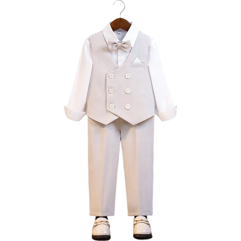 LUOBOBEIBEI Boys' Suit, Spring And Summer Children's Vest Set, Children's Day Performance Outfit, Light Gray Long-Sleeve Four-Piece Set, Size 150