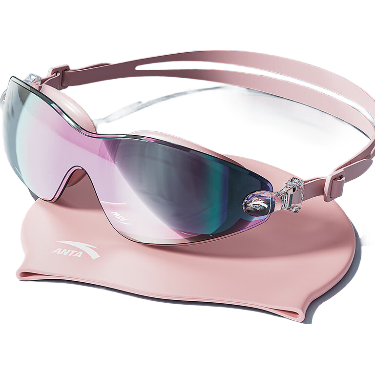 ANTA Water Goggles, High-Definition Anti-Fog Waterproof, Men's Medium Frame Professional Women's Swim Cap Goggles Set, Cherry Blossom Pink Two-Piece Set