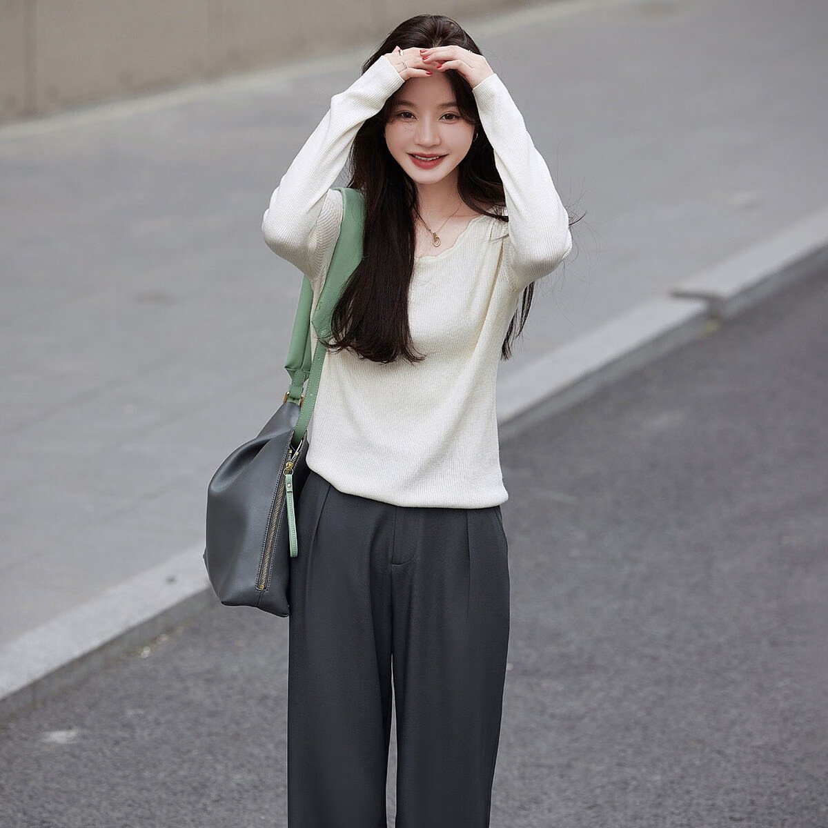 Mt [Simple Wavy Edge] Autumn Fashion Classic Simple Comfortable Pullover Long-Sleeve Knit Sweater for Women, White, M