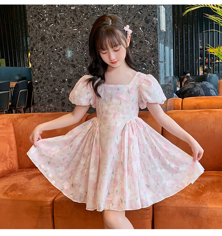 Baminuo Girls' Summer Dress, New Korean Style Children's Fashionable Thin Princess Dress for Older Kids, Pink, Size 120 10