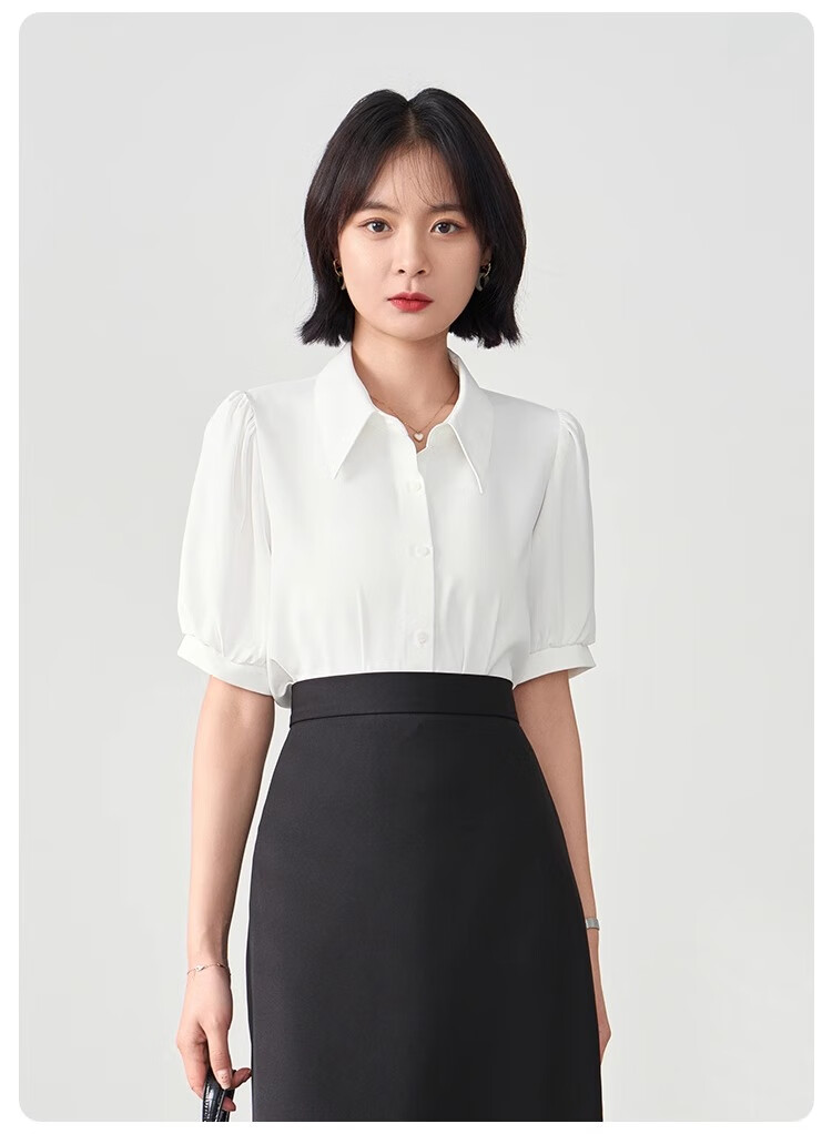 Bodexiaojie Blue Short-Sleeve Shirt for Women, Urban Daily Commute Outfit, Petite Chiffon Blouse, Interview Professional Shirt, Size S 15