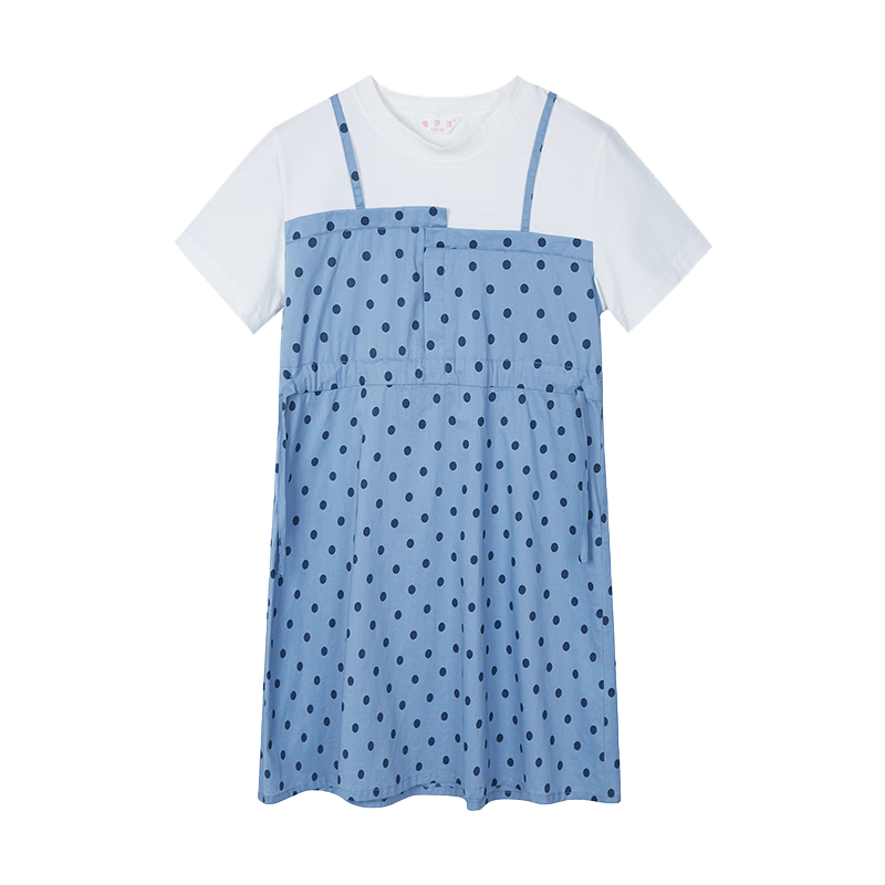 Follow Me Girls' Summer Dress, New Korean Style Trendy Faux Two-Piece T-Shirt Dress for Children, White/blue, Size 140