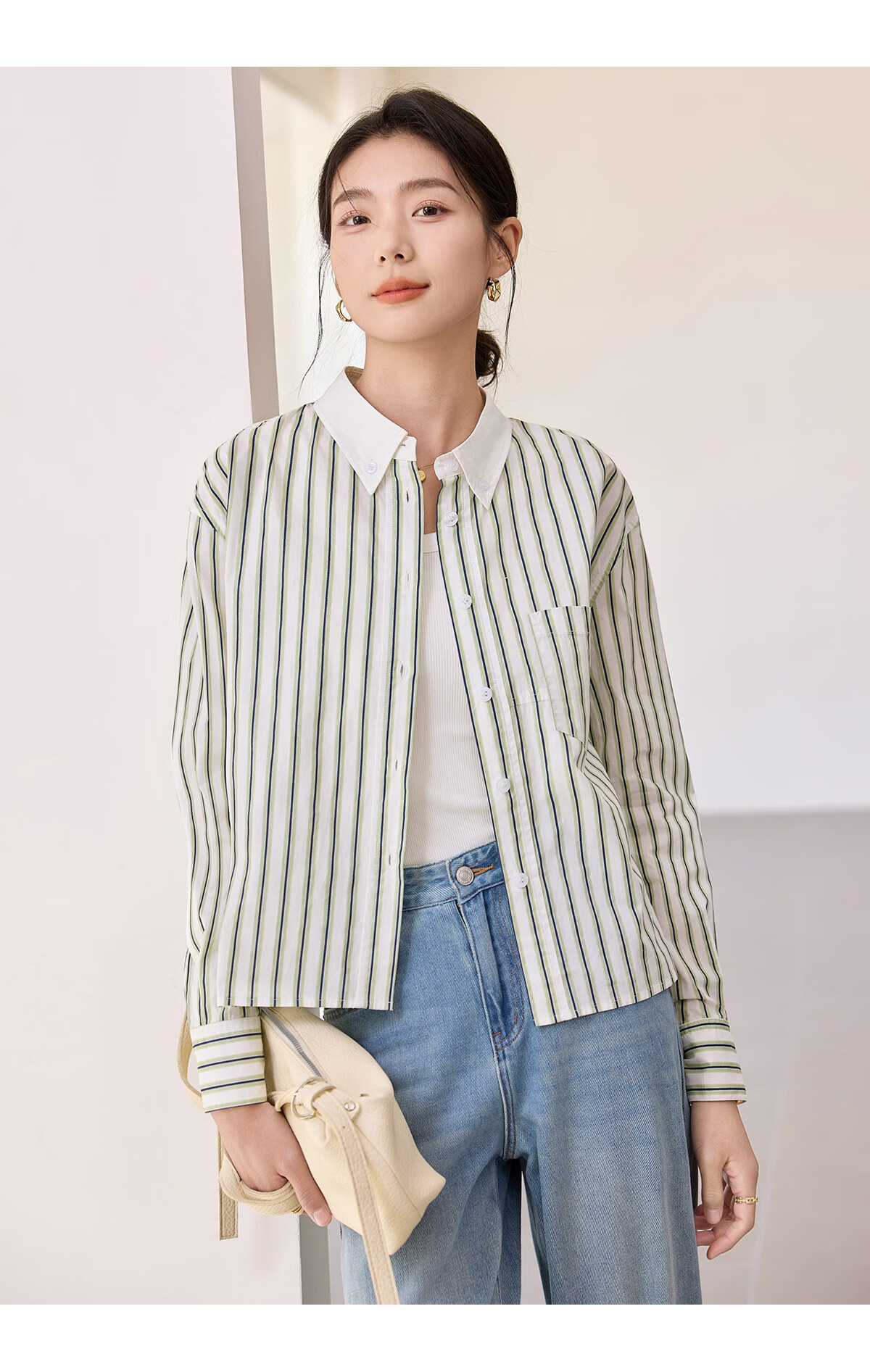 Chushen Women's Long-Sleeve Shirt, Contrasting Color Lapel, Classic Striped Short Casual Commuter Pure Cotton Blouse S51S043 24