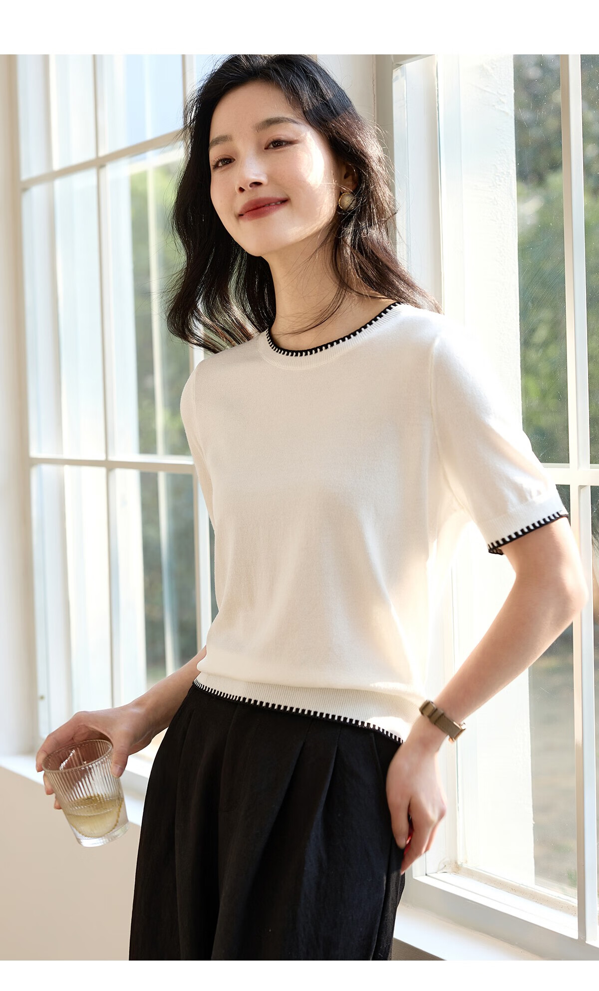 Chushen Summer Knitted Short-Sleeve T-Shirt for Women, Fashionable Round Neck Contrasting Color Design, Simple And Elegant Knitted Top Base Shirt S52T025 25
