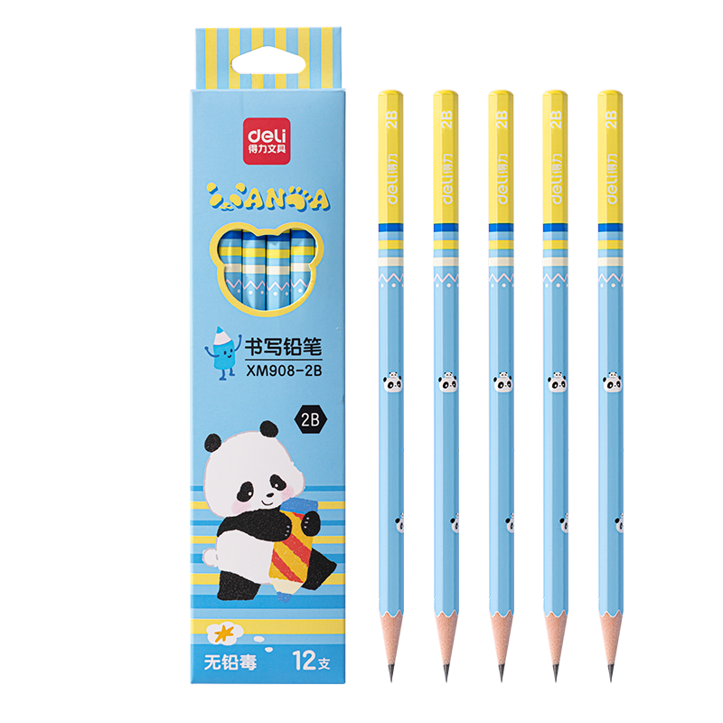 Deli 12-Pack 2B Pencils Panda Theme Hexagonal Wooden Writing Pencils Student Exam Sketch Drawing XM908-2B Back-to-School Stationery
