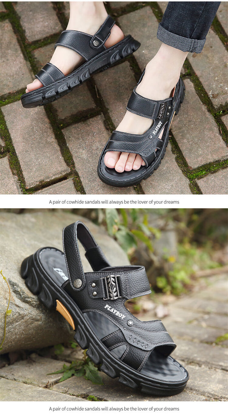 PLAYBOY Men's Sandals 2026 Summer Breathable Beach Shoes Men's Hole Shoes First Layer Cowhide Slippers Brown Size 43 8