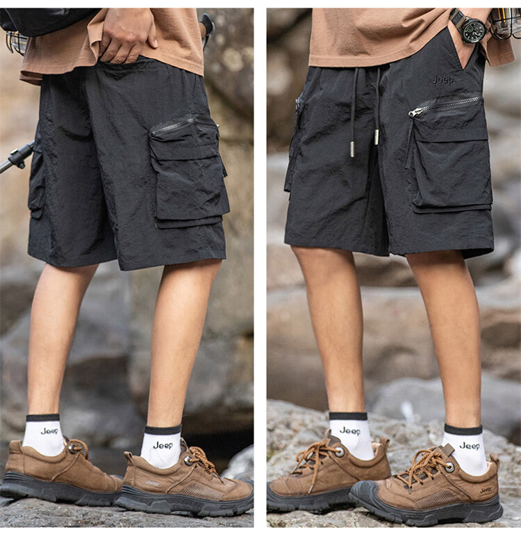 JEEP Ice Silk Shorts for Men, Summer Cool Casual Cargo Pants Loose-Fitting Trousers Men's Knee-Length Shorts, Black, 2XL 5