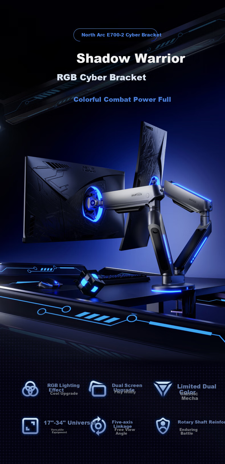 Brateck Beihu Dual-Screen Monitor Stand, Mechanical Arm One-To Computer Stand Multi-Screen Extension Desktop Clip-On Base E700-2 Gray, Holographic Light Effect Hanging Lamp Screen Suspensio 1