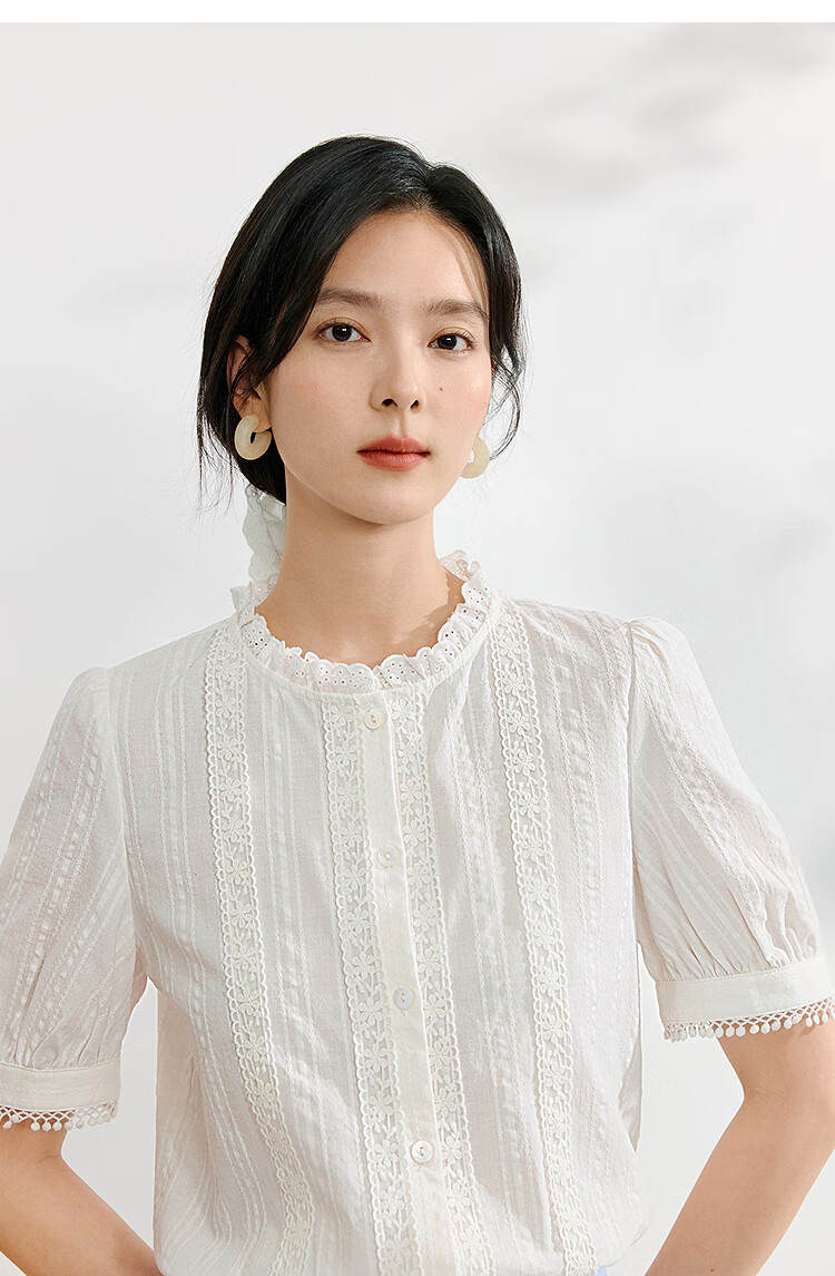 Inman Lotus Leaf Collar Hollow Embroidered Pure Cotton Shirt 2025 Summer Women's Vacation Style Puff Sleeve Blouse Pearl White M 35