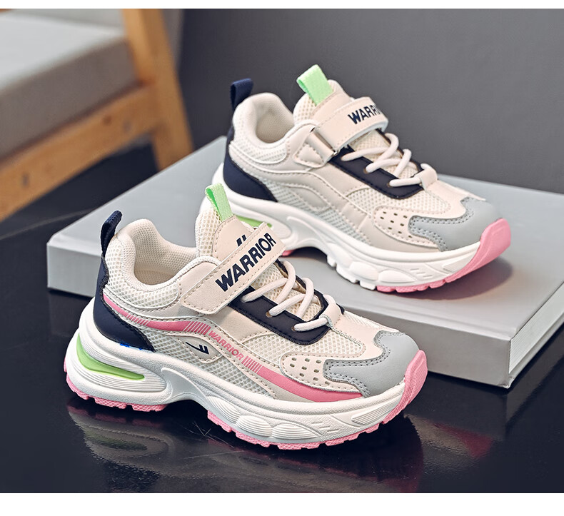 Warrior Children's Shoes, Spring And Autumn Girls' Sneakers, Breathable Mesh Running Shoes WZ(CL)-1227 Beige/blue/pink 31 8