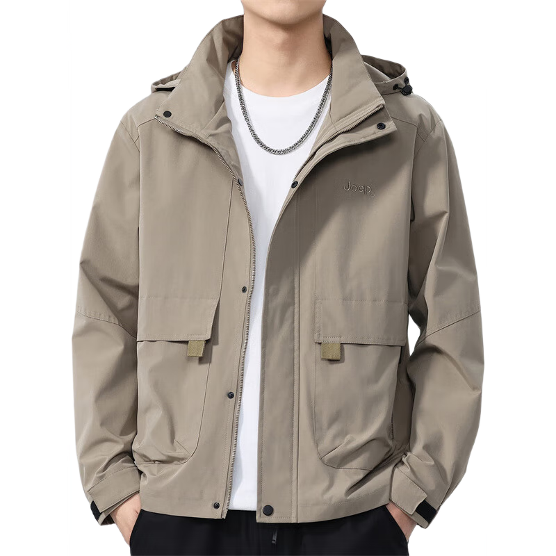 JEEP Men's Jacket, Spring And Autumn Loose Fit, Hooded Trendy Casual Outerwear for Men, Khaki, Size M