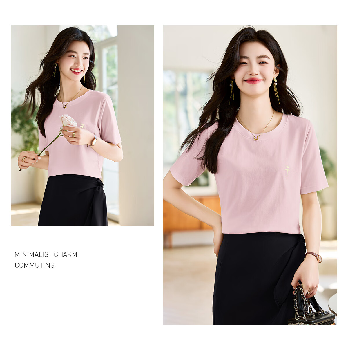 Taxiang Women's Short-Sleeve T-Shirt, Round Neck, Casual Versatile Embroidered Top, Ladies' T-Shirt, Simple Short-Sleeve Undershirt T143T1390 18