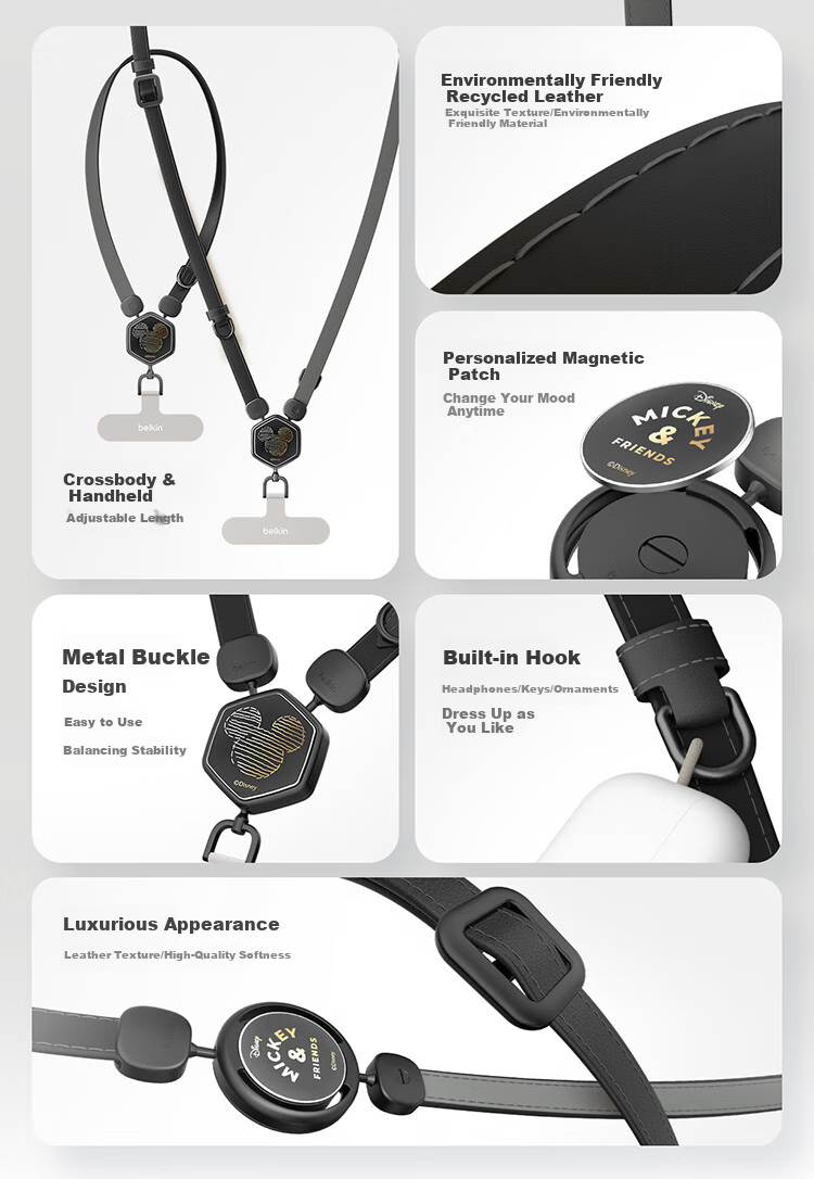 BELKIN Phone Lanyard Wrist Strap, Phone Chain, High-End Neck Strap, Crossbody Phone Anti-Loss Strap, Phone Pad, Leather Two-In Mickey And Friends 3