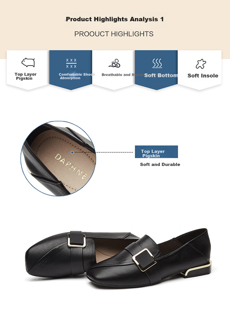 DAPHNE Women's Loafers, Slip-On Soft-Soled Casual Shoes, Leather Buckle Flat Low-Heel Commuter Flats for Women 4623101028 Black 35 2