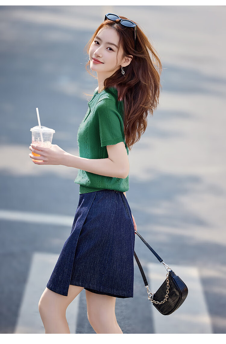 Shangjing Women's Short Sleeve Knit Top Summer New Sweet Polo Collar Slim T-Shirt 15