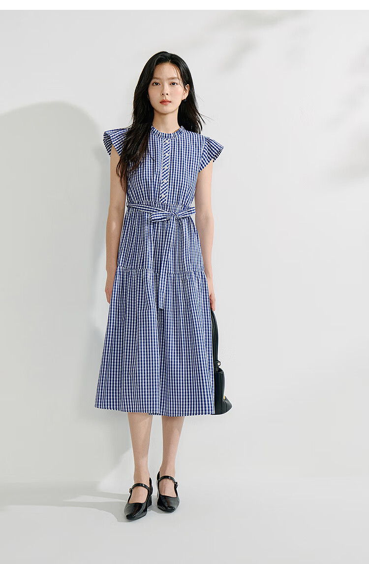 INMAN French Plaid Dress Summer Women's Versatile Puff Sleeve A-Line Skirt Navy Blue S 56