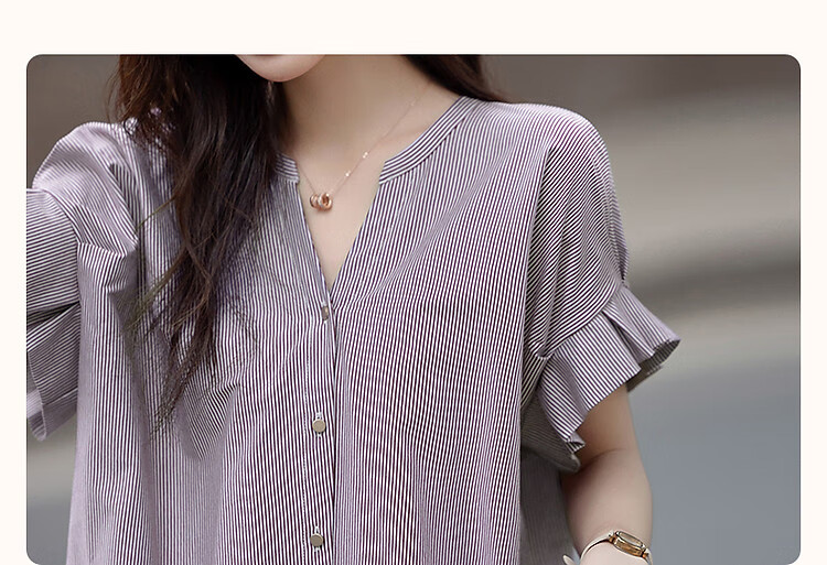 Demana 100% Cotton Summer Casual V-Neck Pleated Ruffle Sleeve Loose Fit Shirt for Women 4
