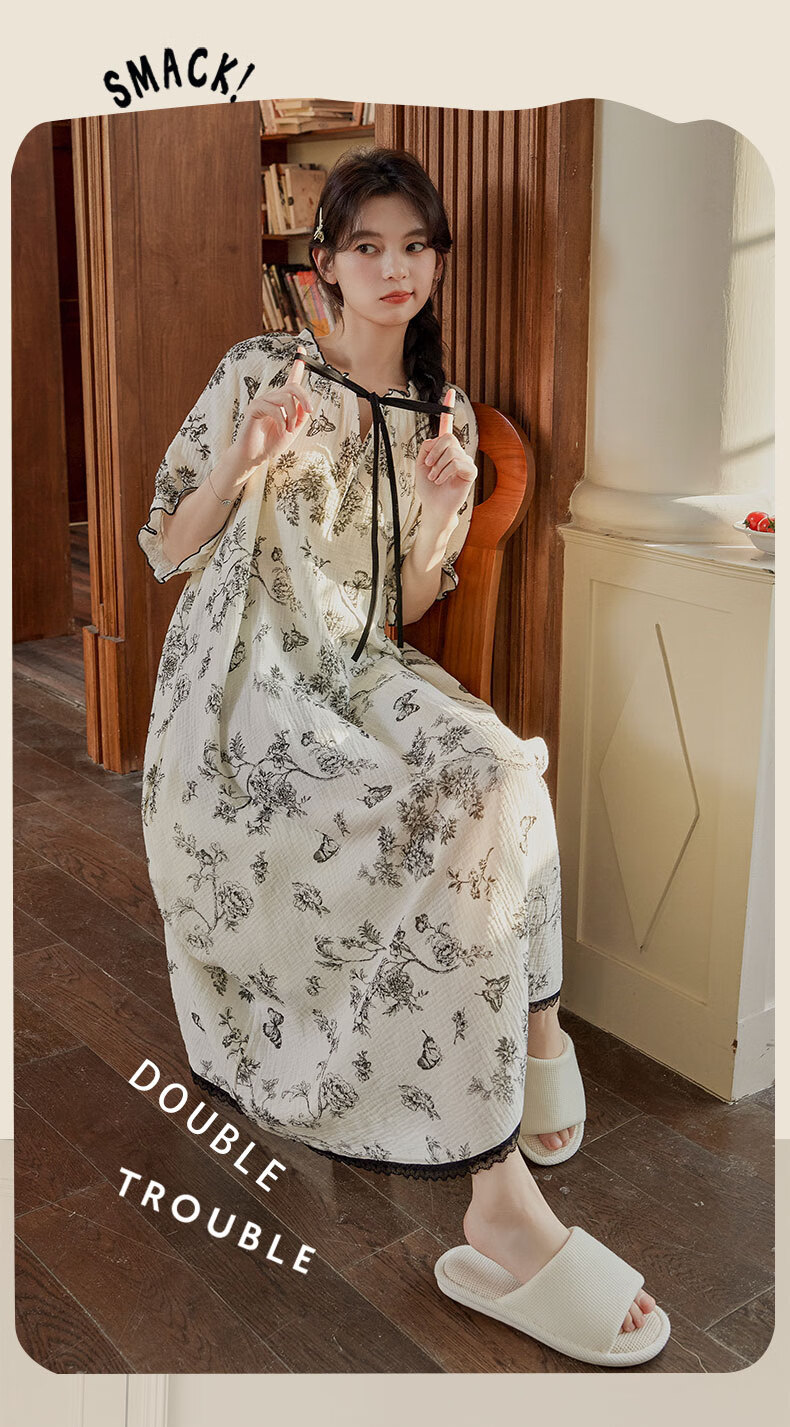 GUJIN Padded Nightgown for Women, Spring And Summer New Sweet Floral Short-Sleeve Thin Age-Reducing Sleepwear Dress, Suitable for Outdoor Wear 7