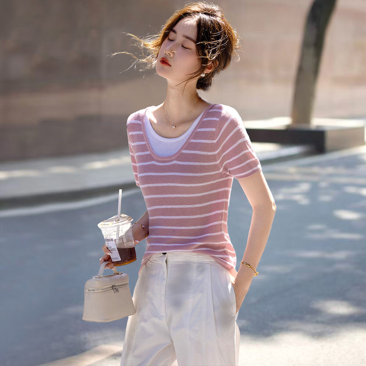 Dme [Xianxiao Philosophy] Spring And Autumn High-Wise Sensation Faux Two-Piece Striped Sweater, Elastic Comfortable Concealing Knit Top for Wome