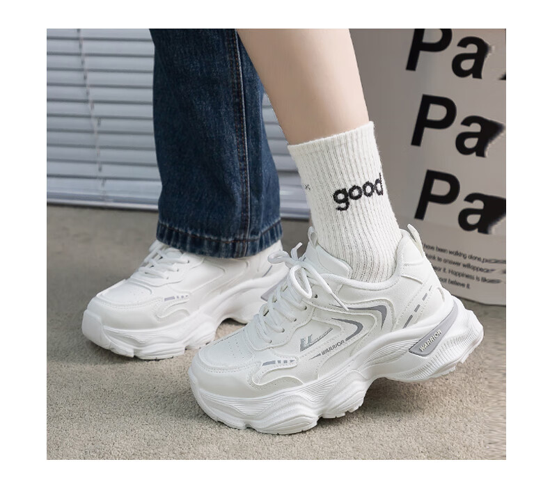 Warrior Women's Dad Sneakers 2026 Spring New Leather White Thick Sole Height Increasing Casual Sports Shoes 4