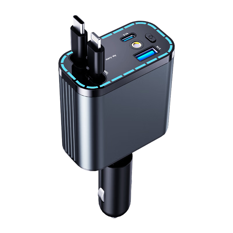 Newmine Car Charger, Retractable Three-In Cigarette Lighter with Built-In Cable, Super Fast Charging Car Charger Converter, Compatible with Apple 17/16, Huawei, Android C+C