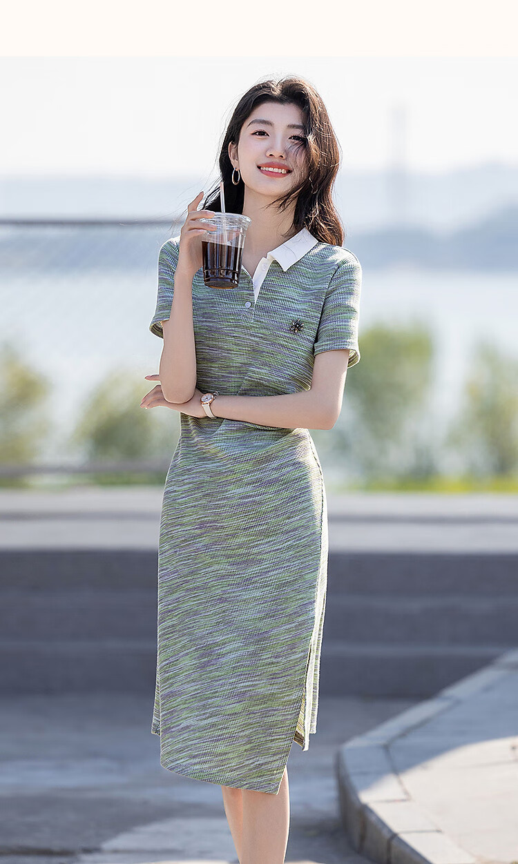 Demana [With Cloud Cotton] Summer Smart Color-Block Polo Collar Pleated Waist Color Yarn Knit Women's Dress 11