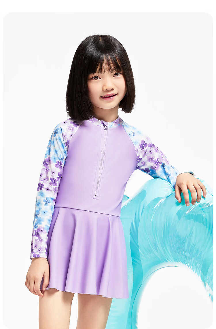 Annil Girls' One-Piece Long-Sleeve Swimsuit Set, Summer 2024, Purple, Size 110 3
