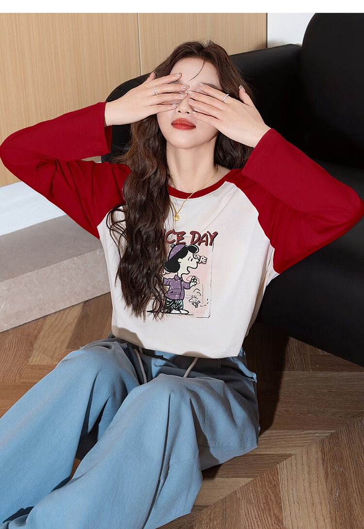 TonLion Autumn And Winter Long-Sleeve T-Shirt for Women, Wearable As Outerwear, Knitted Front Chest Cartoon Photo Raglan Long-Sleeve T-Shirt, Women's Clothing with A High-End Feel 7