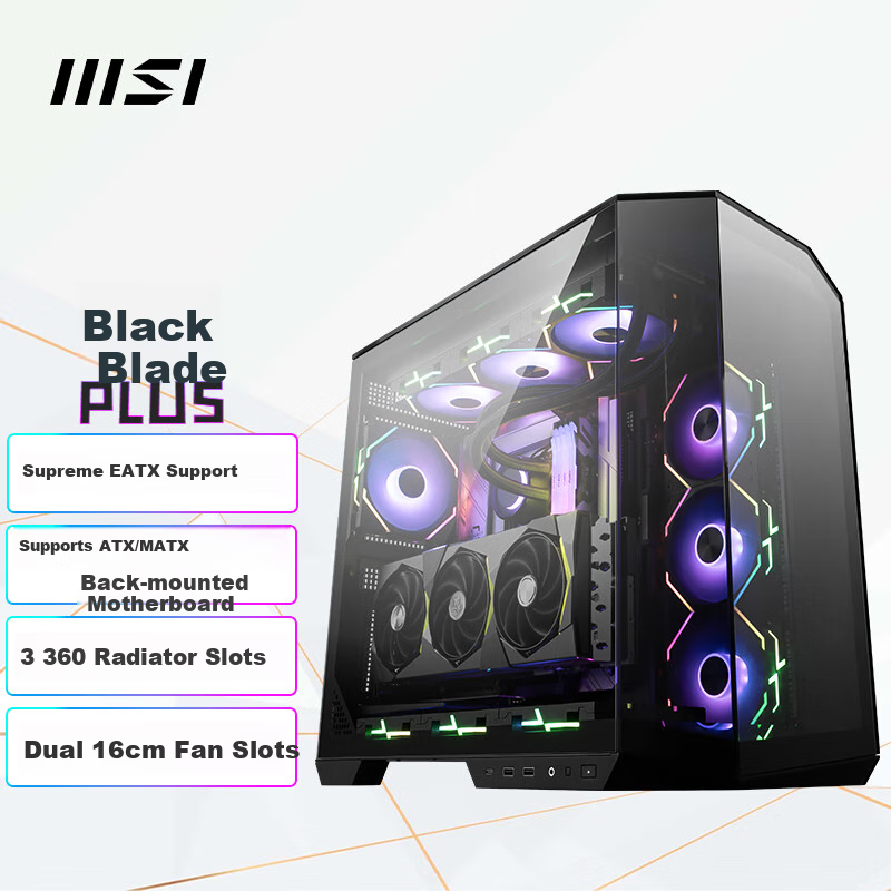 MSI Black Blade PLUS MAG PANO 100L PZ Panoramic View Computer Case (360mm Liquid Cooling/ATX Rear Mounting/Supports E-ATX Motherboard/Supports 50mm Graphics Card)