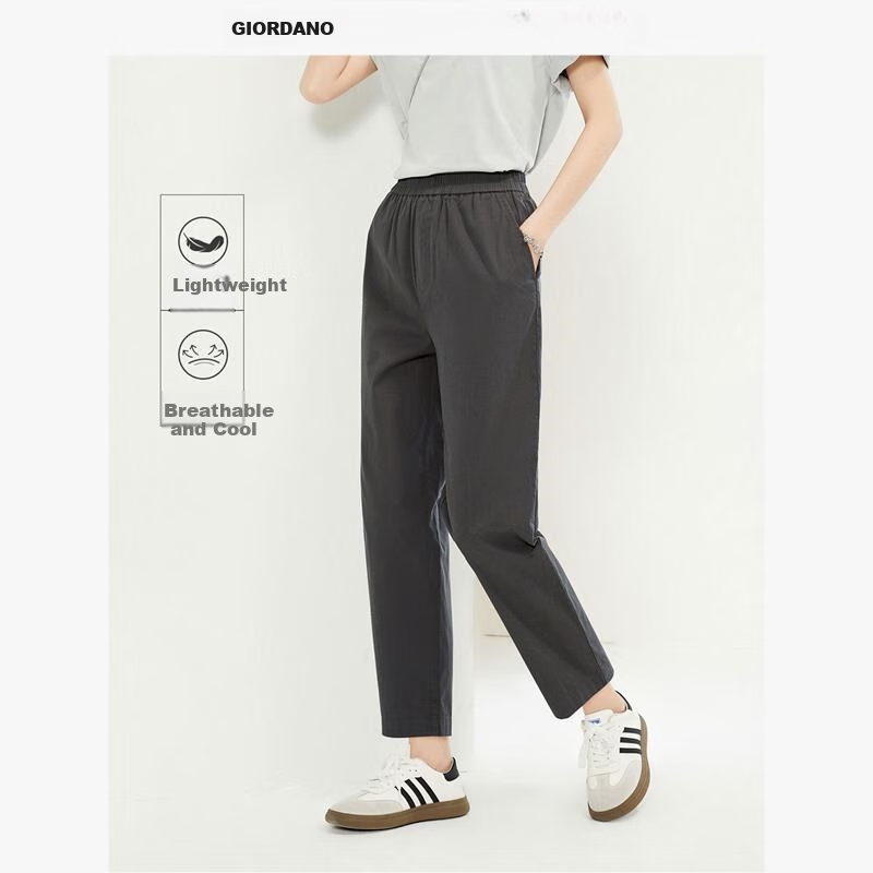 Giordano Women's Pants, New Summer 2026 Style, Pure Cotton Elastic Waist, Lightweight Casual Seven-Point Straight-Leg Trousers, 05425315