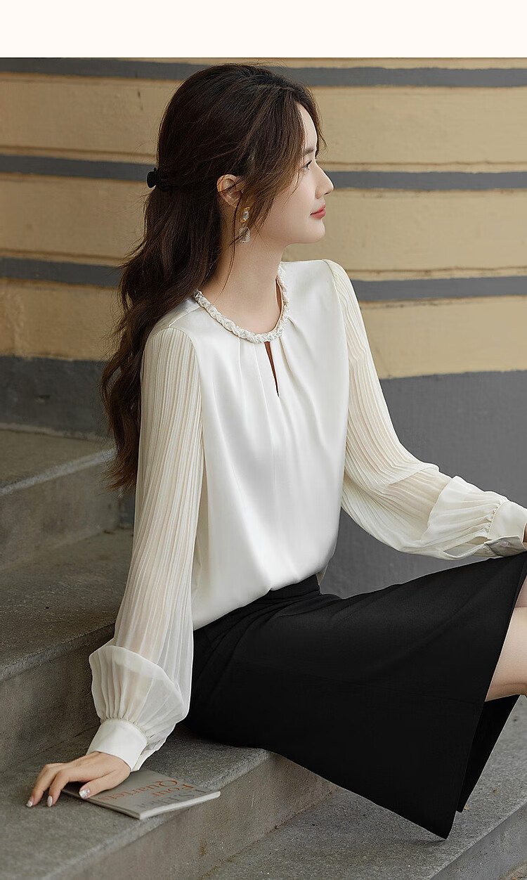 Dme [Selected Satin with Luster Yarn] Spring And Autumn Color-Block Round Neck Knit Strap Blouse, Pleated Patchwork Shirt, Women's Top 12