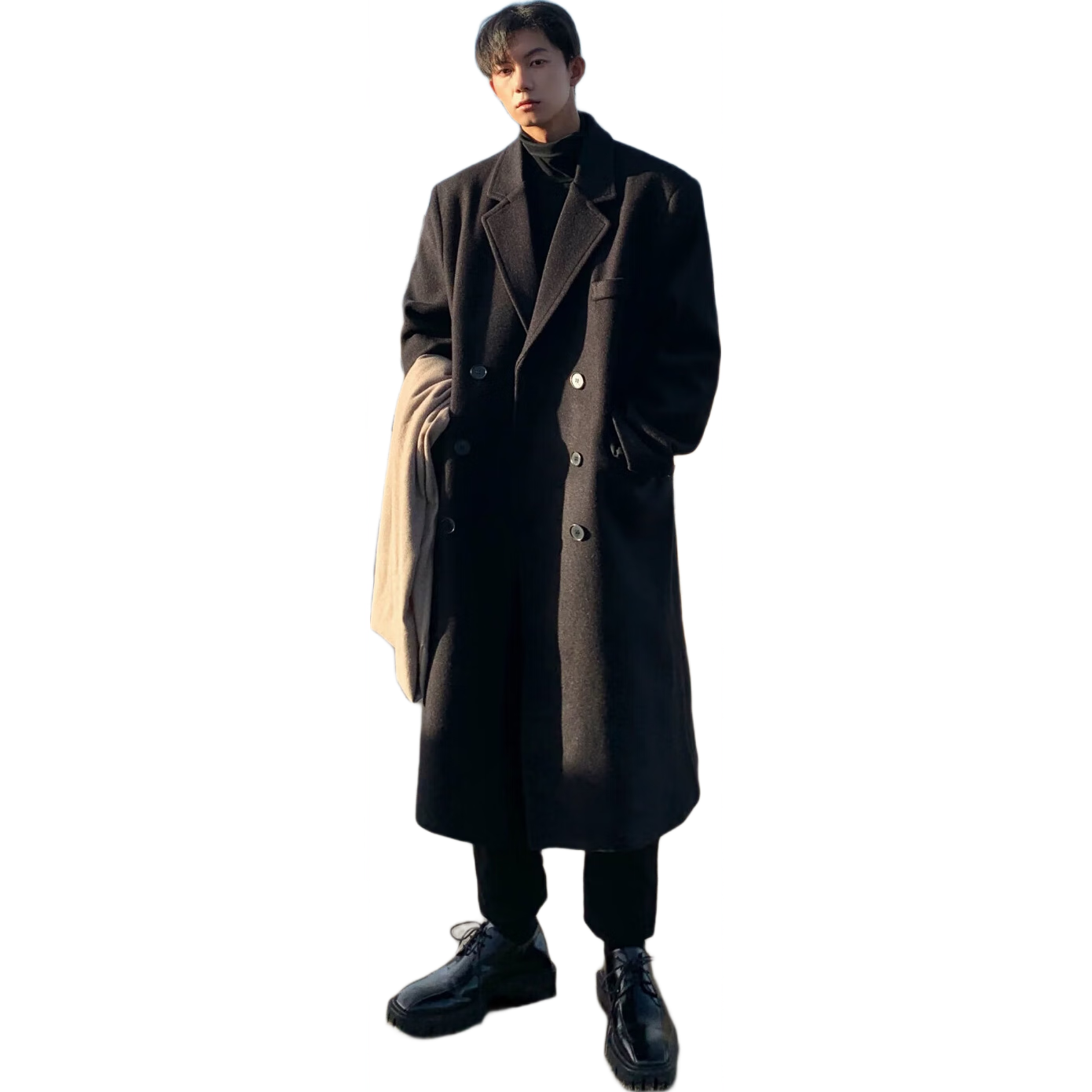 Dingfengbaoluo Men's Woolen Coat Autumn Winter Mid-Length High-End British Style Woolen Trench Coat HT99 Black 2XL