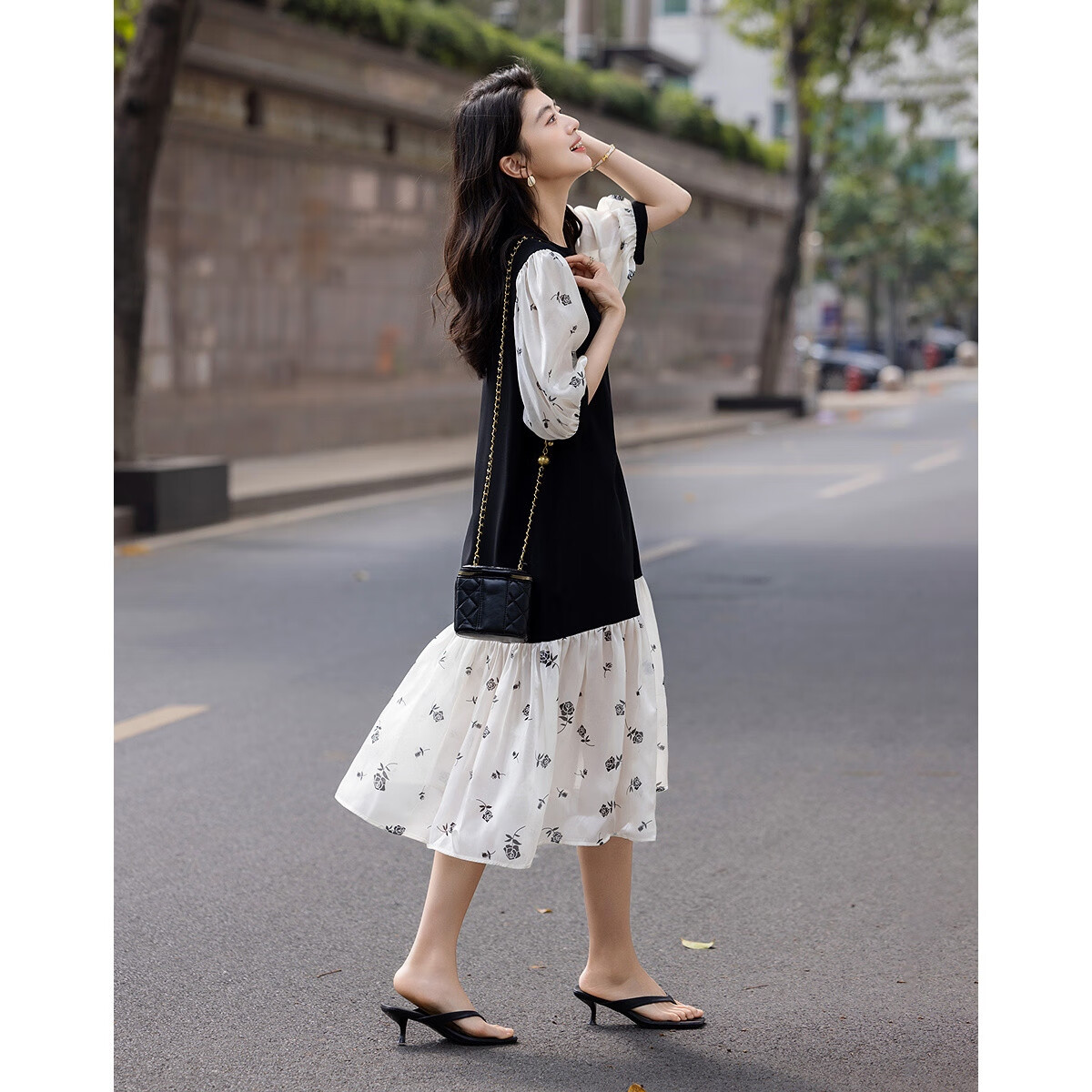 Demana [Smooth 80D Slub] Summer Elegant Loose Waist Ruffle Hem Printed Colorblock Women's Dress