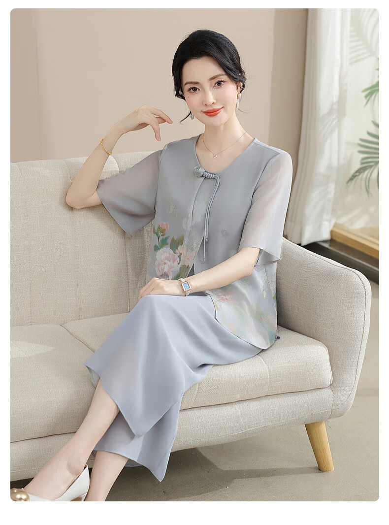Hengyuanxiang Mother's Day Gift Practical Summer Chiffon Short Sleeve Suit for Mom, Stylish Middle-aged and Elderly Women's Clothing for 50s and 60s 8