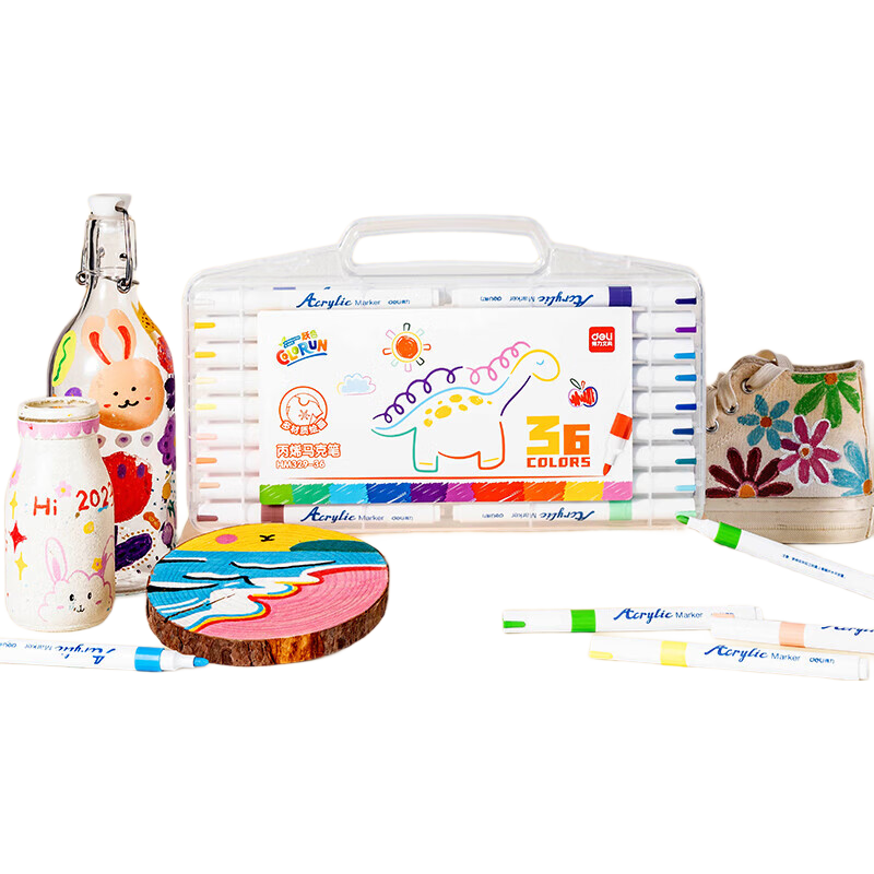 Deli [Back to School Stationery] 36-Color Round Barrel Acrylic Markers, PP Box Packaging, Hand-Drawing Shoes, Painting Pens, Fluorescent Highlighters, Children's DIY, New Year Tree Graffiti, Watercolor Pens, Art Educatio