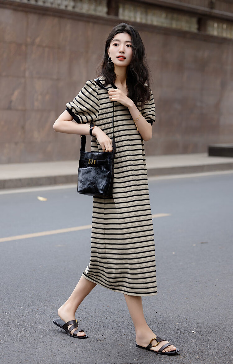 Demana Women's Summer V-Neck Striped Puff Sleeve Ribbed Splice Loose Knit Dress with Soft Cloud Cotton 14