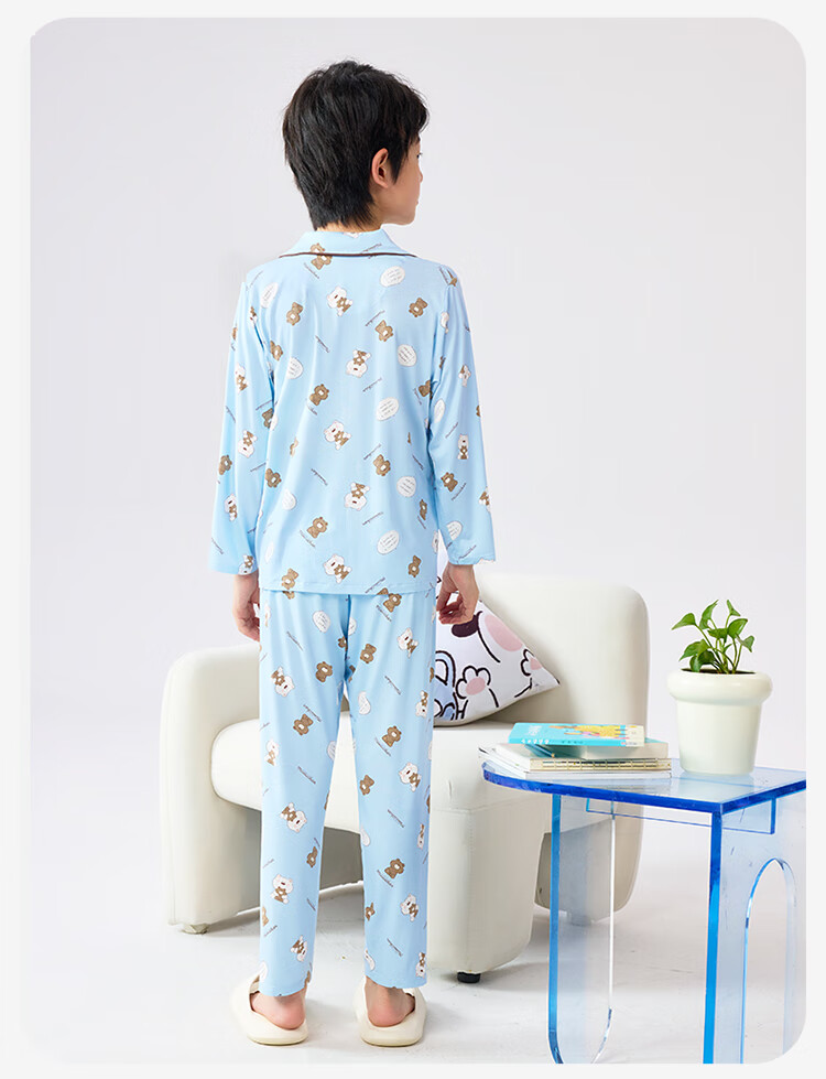 Jiusuiban [Miiiiichan Collaboration] Children's Pajamas, Boys' Spring And Summer Plant Cotton Thin Cartoon Bear Home Wear Set 13