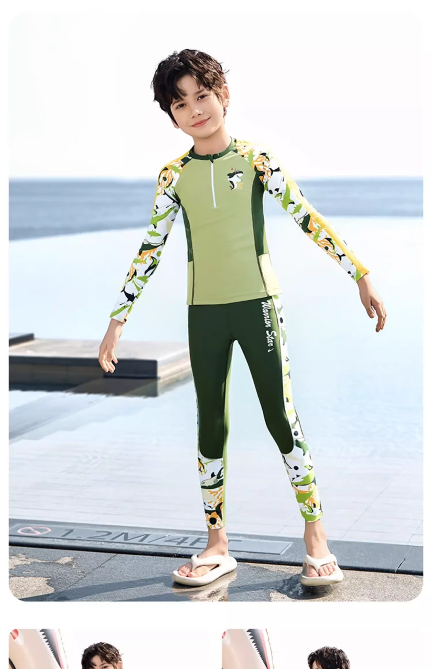 Huili Children's Swimwear, Boys' Two-Piece Long-Sleeve And Long Pants Set, for Travel And Play, Big Kids' Swimsuit 35242, Army Green, Size 110 11
