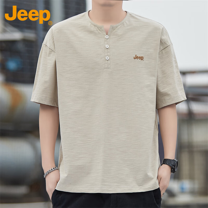 Мужская футболка JEEP с коротким рукавом, летняя, свободная, дышащая, из чистого хлопка, с воротником-хенли, цвет хаки, размер 2XL