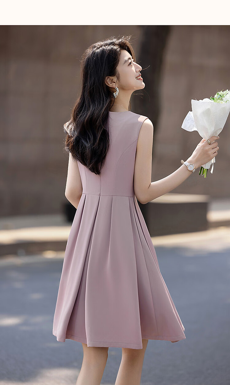 Dme [Urban Design Style] Summer Textured Linen Round Neck Waist-Cinching A-Line Pleated Women's Dress 12