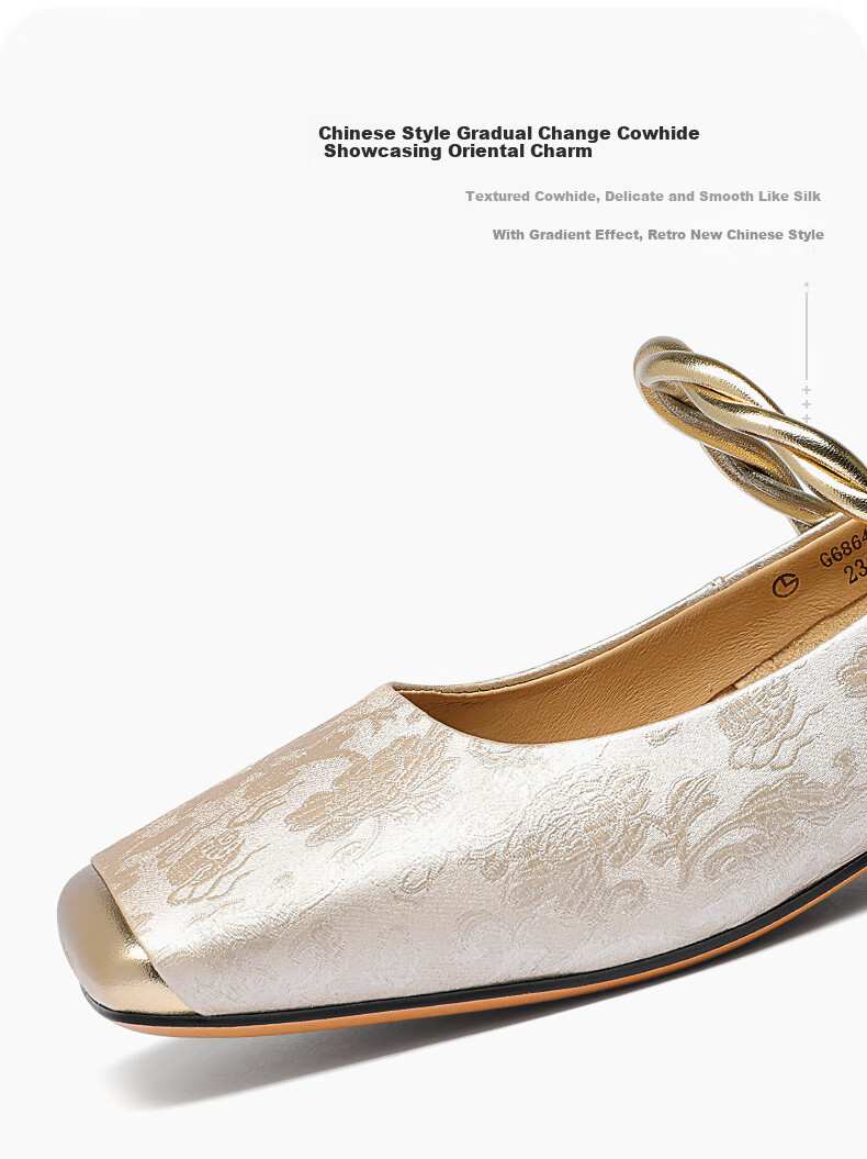 Goldlion Women's Shoes, New Chinese-Style National Fashion Flats, Chunky Heel, Color-Block Mary Jane Shoes, G686430283, Champagne Color, Size 37 3