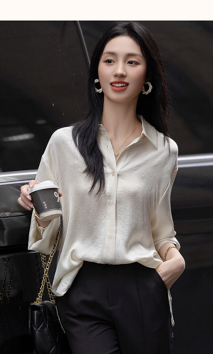 Dme [Four Seasons Wear] Spring Simple Style Commuter Shirt POLO Collar Wrinkled Shiny Texture Blouse Women's Top 9
