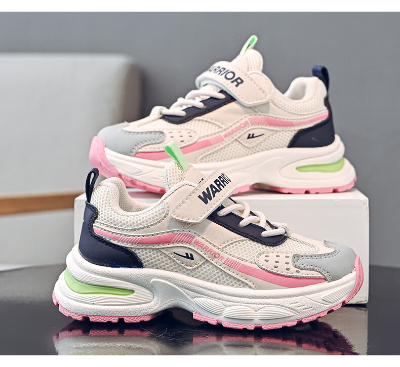Warrior Children's Shoes, Spring And Autumn Girls' Sneakers, Breathable Mesh Running Shoes WZ(CL)-1227 Beige/blue/pink 31 6