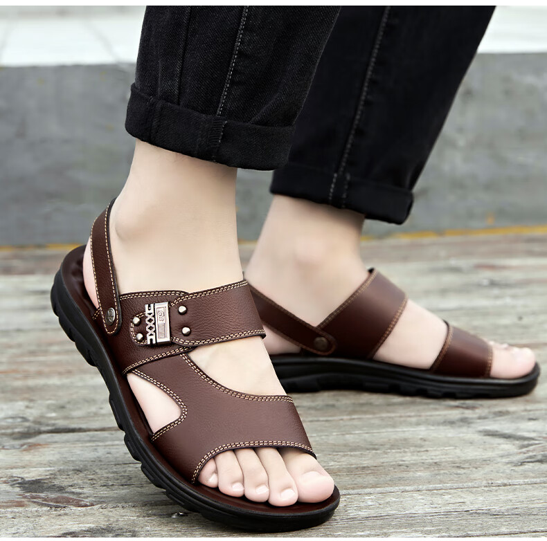 MEXICAN Men's First Layer Cowhide Sandals Beach Slip-On Hollow Out Shoes Black Size 44 15
