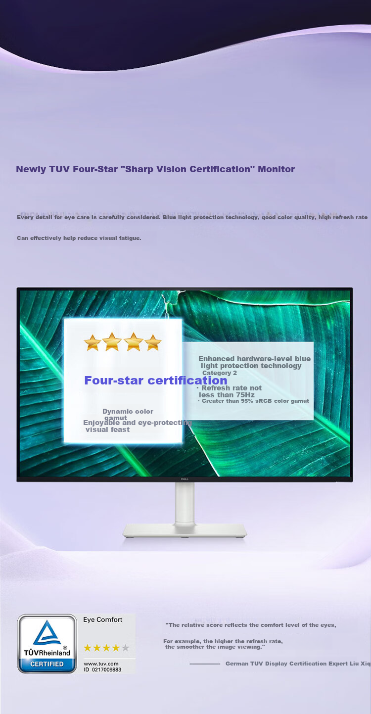 DELL 31.5-Inch 4K Monitor, 120Hz High Refresh Rate, Built-In Speakers, Hardware Blue Light Protection, 1.07 Billion Colors, FreeSync Computer Display S3225QS 5