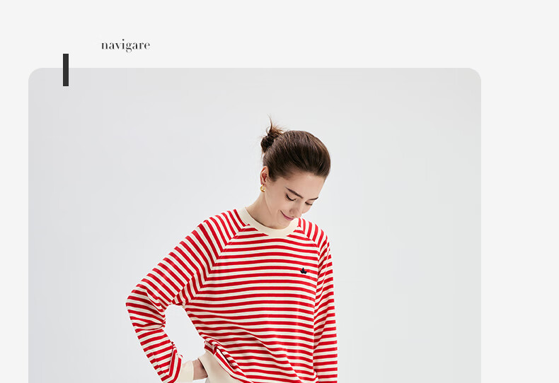 Navikail Italian Small Sailboat Women's Cotton Loose Long Sleeve Sweatshirt Striped Crew Neck T-Shirt 2315005501 Red White L 15