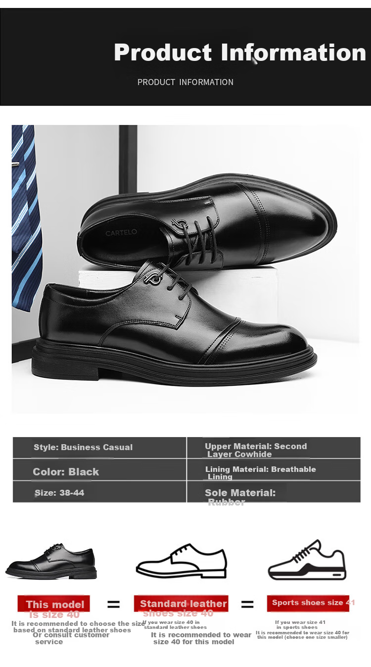 CARTELO Men's Leather Shoes, Business Style 2026 New Formal Wear, Genuine Leather Casual Heightening Wedding Oxford Shoes, Breathable Soft-Soled British Style 3