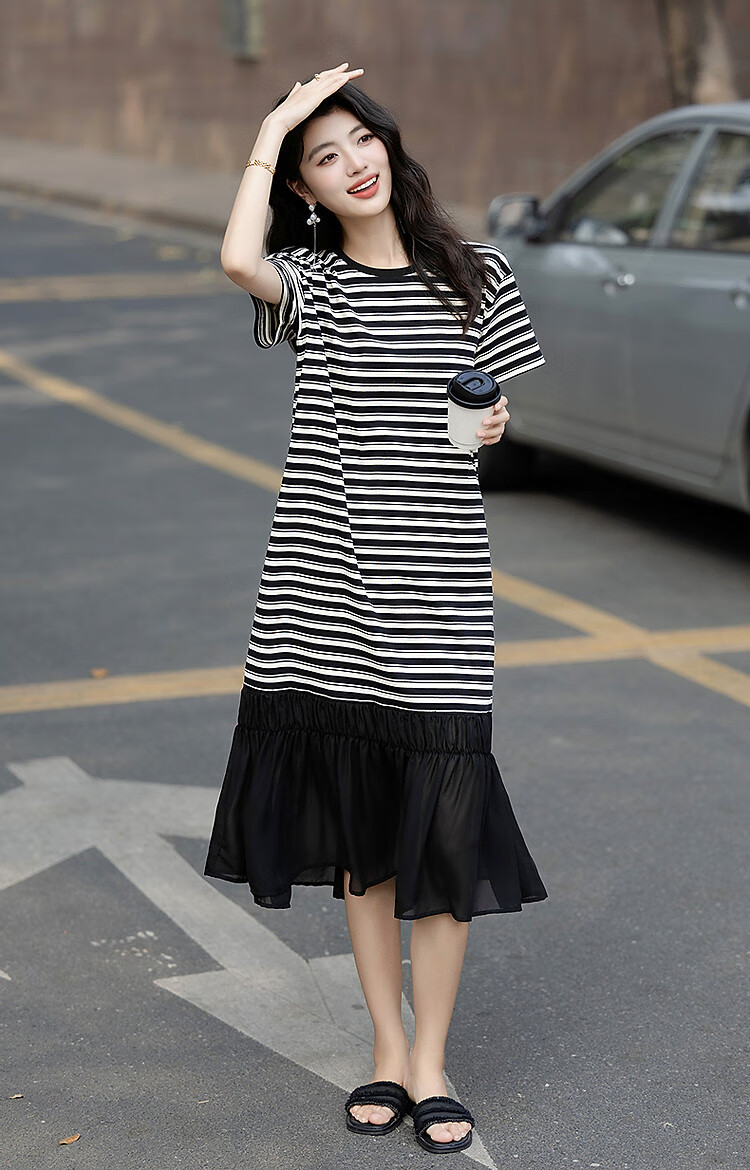 Demana High Elasticity Body-Friendly Summer Ribbed Round Neck Ruched Wave Edge Waistless Five-Sleeve Women's Dress 14