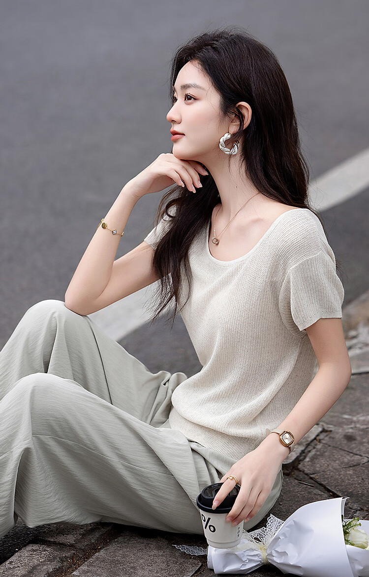 Demana Natural Linen Summer Elegant Round Neck Short Sleeve Loose Knit Top for Petite Women 22