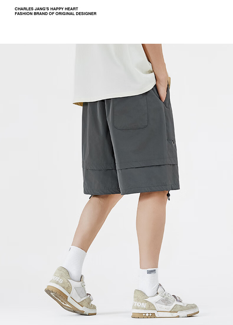 Chaersitaoxin Men's Shorts, Summer Heart Embroidery Straight-Leg Drawstring Loose Casual Cargo Five-Point Pants, Black, L 7